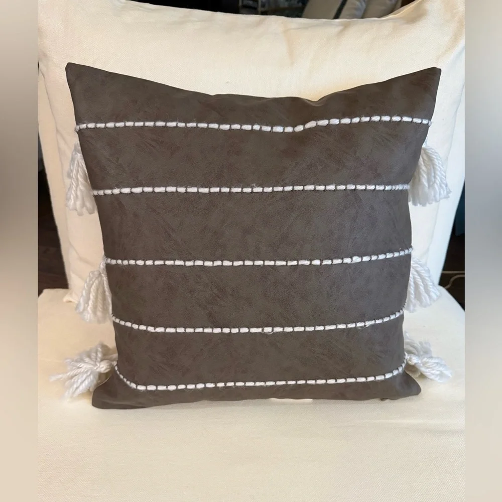 VILLA by CLASSIC HOME Vegan Leather Fringe Pillow Duck Feather Insert 18x18